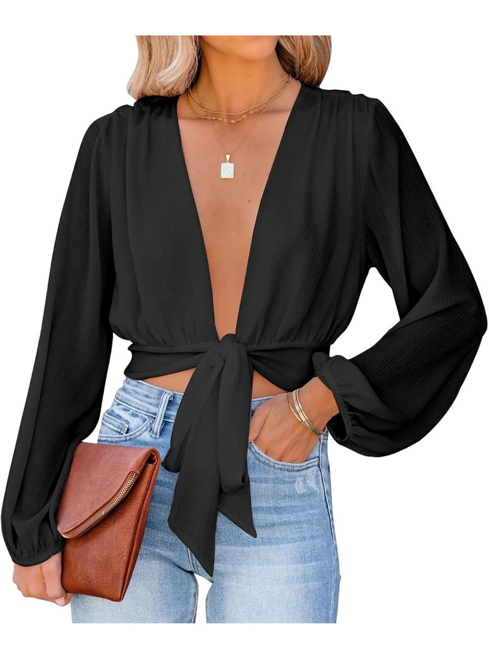 LAYNER Women's Black Tie-Front Long Sleeve Blouse